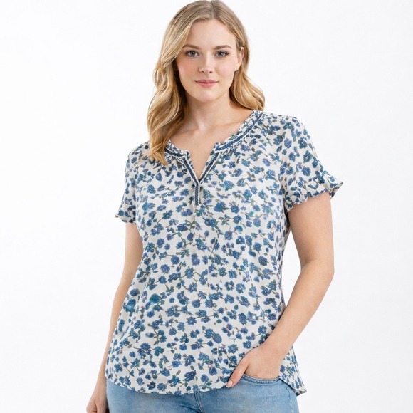 Max Studio Tops - MAX STUDIO‎ Womens XS Floral Print V Neck Flutter Sleeve Blouse Top White Blue
